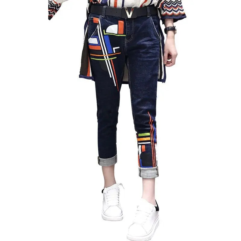 S-6XL Women's Spring Large Size Two-piece 2023 New Fashion Loose High Waist Printing Set Female High-end Shirt + Jeans Two-piece