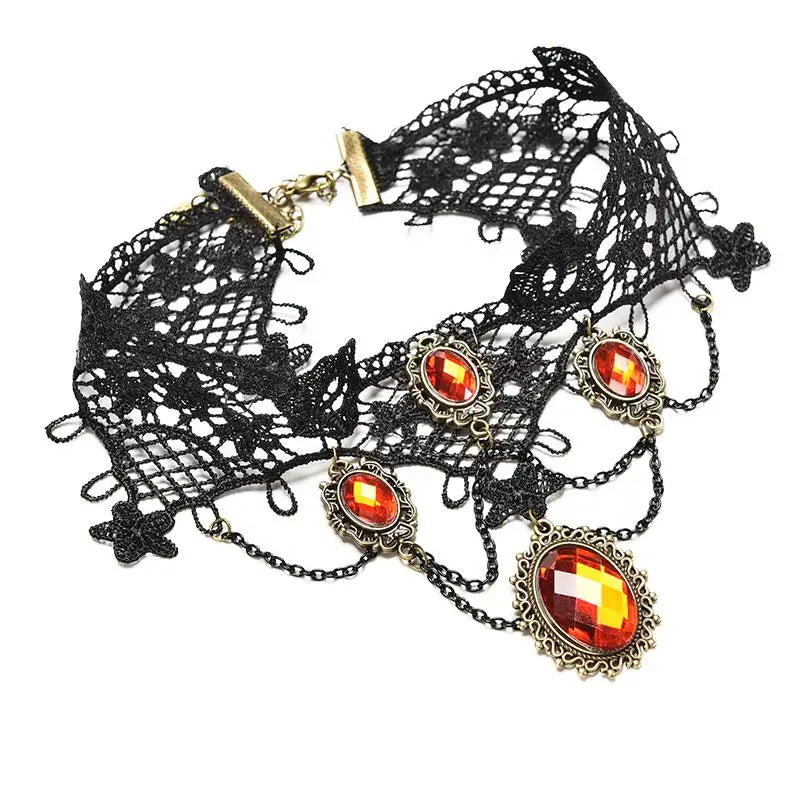 1Pcs Gothic Black Lace Choker Halloween Red Rhinestone Charms Vampire Necklace Cocktail Evening Party Dress Jewelry