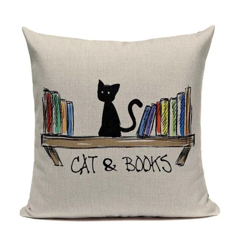 Cat Happy Reading More Book Cushion Cover Customized Linen  Pillowcase Home Sofa Decorative Custom Letter Throw Decor Cojines