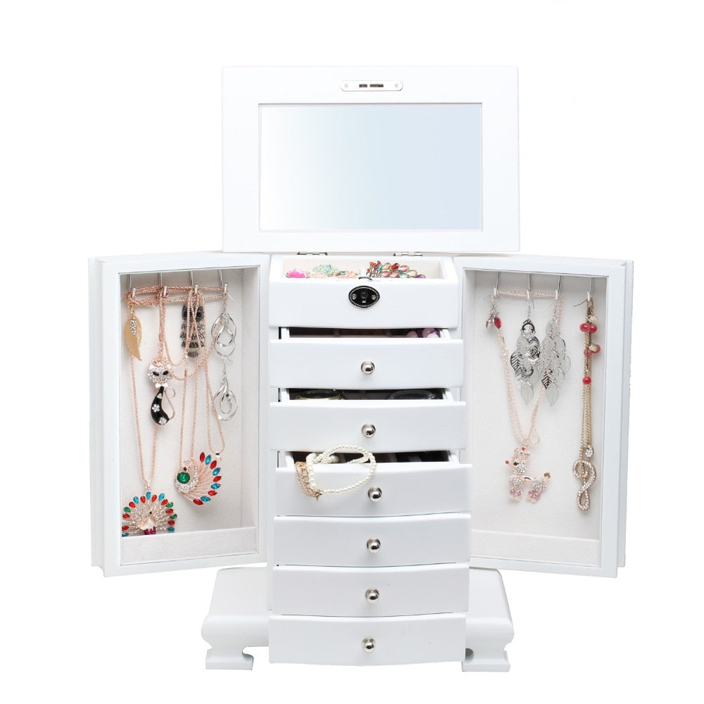ROWLING Fashion Large Classic Wooden Storage Boxes&amp;Bins Luxury Jewellery Box Earring Bracelets Organizer 6 Drawers Mirror MG010