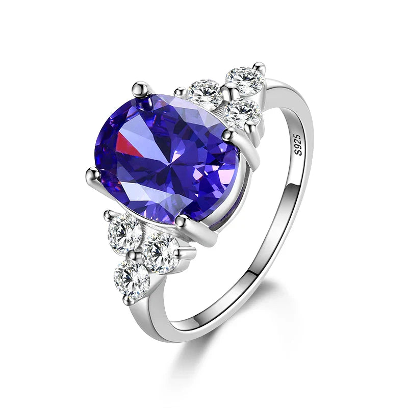 Women's Jewelry S925 Silver Ring AAAAA Oval Olive Green Royal Blue Red Emerald Zircon Ring Wedding Jewelry Party Valentine's Day