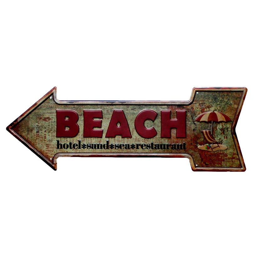 Restaurant Beach  Beer Bar Coffee Arrow Metal Irregular Tin Signs  Advertising Board Wall Pub Home Art Decor 42X10CM U-13