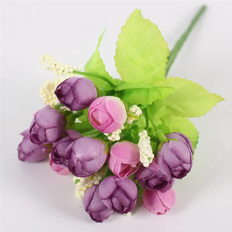Autumn 15 Heads/Bouquet Small Bud Roses Bract Silk Artificial Flower DIY Wedding Home Christmas Decor Floral Gifts Photo Props