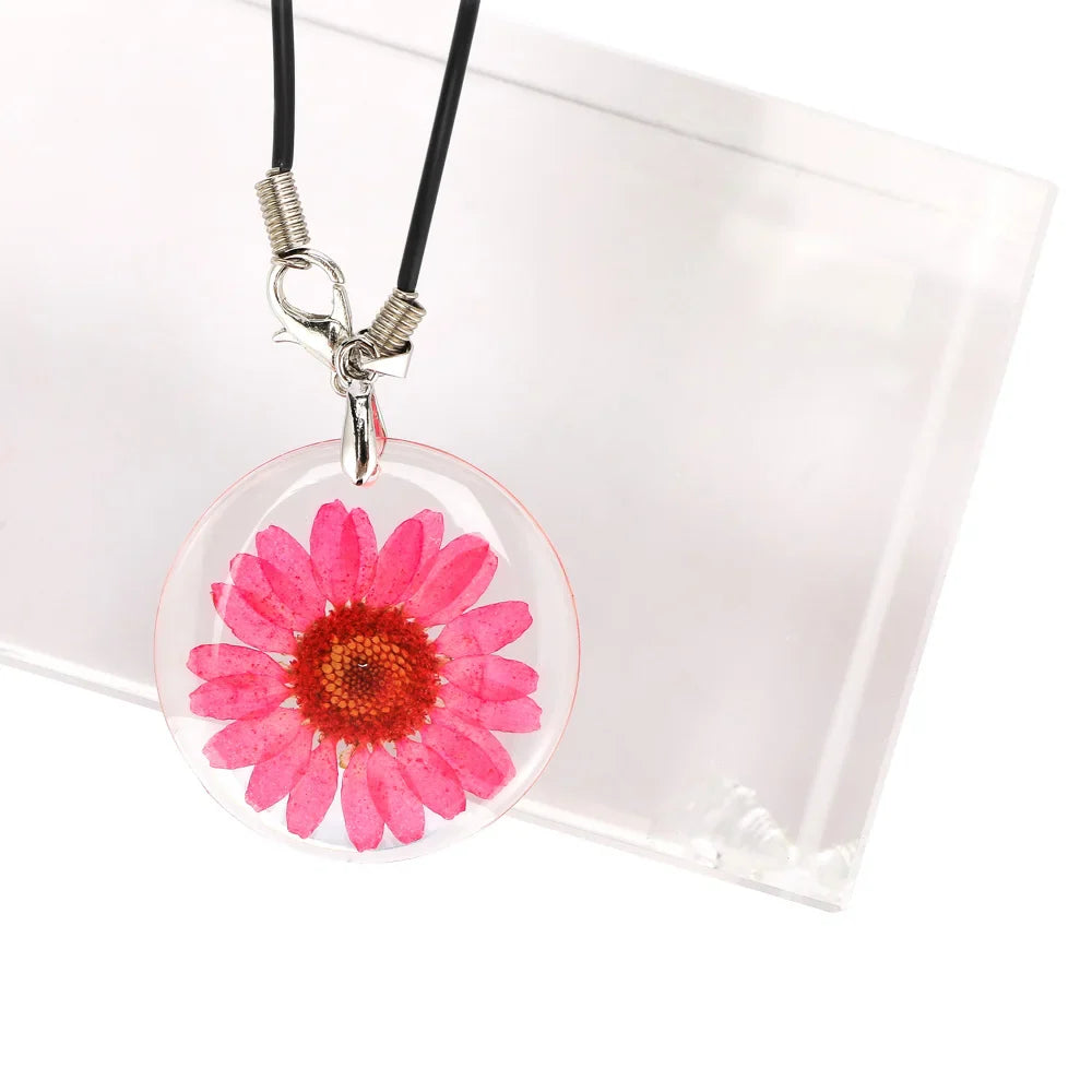 New 1 Pcs Beauty Cute Dried Daisy Flower Handmade Pendant Necklace Charm Gift Women's Jewelry Round Flower Necklace