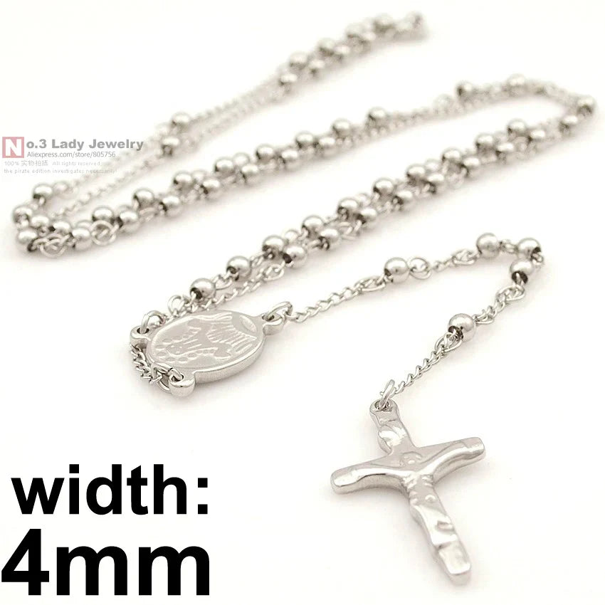 Gokadima Stainless Steel Necklace Men Jewelry or Women Catholic Rosary Beads Chain Necklace Cross For Christmas Gift, 4mm / 6mm
