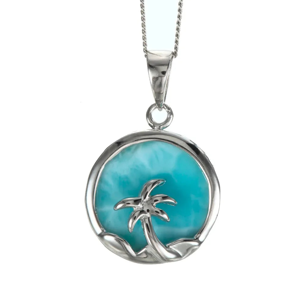 Beautiful Women's Jewelry 925 Sterling Silver Blue Natural Larimar Palm Tree Ocean Pendant Necklace For Gift
