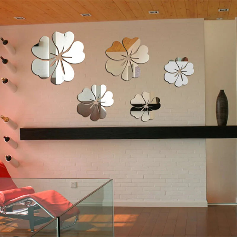 5 pcs Flower Pattern Wall Sticker Home Decor 3D Wall Decal Art DIY Mirror Wall Stickers Living Room Decoration Silver/Gold