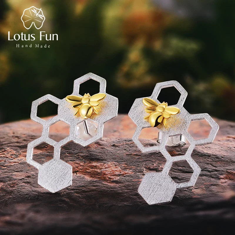 Lotus Fun Real 925 Sterling Silver Earrings Natural Fine Jewelry Honeycomb Home Guard 18K Gold Bee Drop Earrings for Women Gift