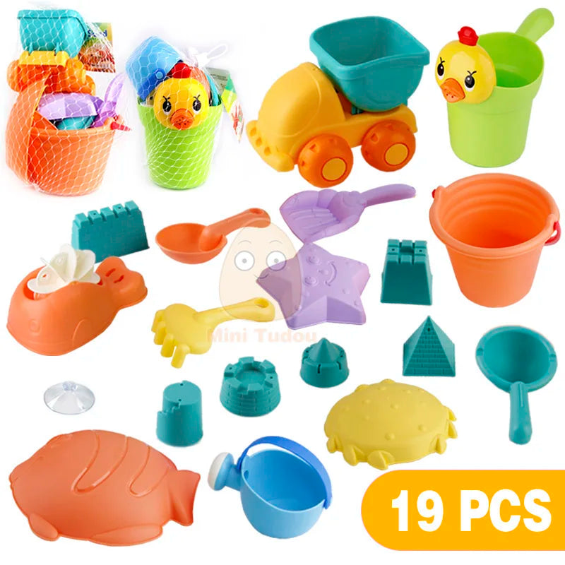 Summer Silicone Soft Baby Beach Toys Kids Play Set Beach Cart Ducks Bucket Sand Molds Tool Water Game