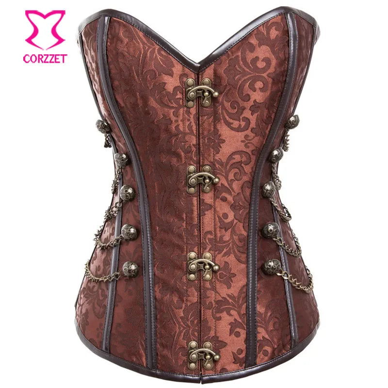 Corzzet Black Brocade Steampunk Corset Armor Waist slimming Steel Boned Bustiers Top Burlesque Halloween Overbust Corset Jacket