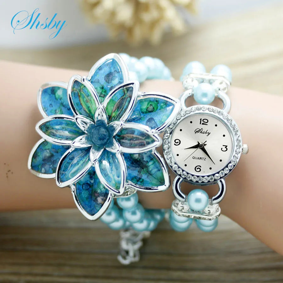 Shsby Fashion Women Rhinestone Watches  Ladies Pearl Strap Many Petals Flower Bracelet Quartz Wristwatches Women Dress Watches