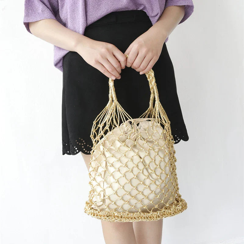 Gold silver 2 color bright paper ropes hollow woven handbag cotton lining straw bag female Reticulate handbag netted beach bag
