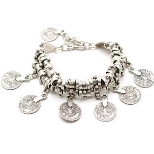Fashion Men Bangle Bohemian Vintage Turkish Silver Plated Antalya Bracelet Gypsy Beach Chic Festival Silver Coin Bracelet