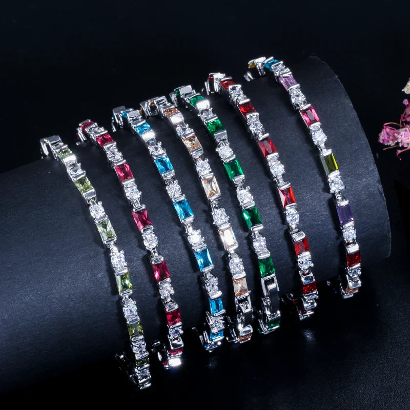 CWWZircons Fashion CZ Charm Lovely Red Green Blue Austrian Crystal Tennis Bracelets for Women Christmas New Year Gift CB087