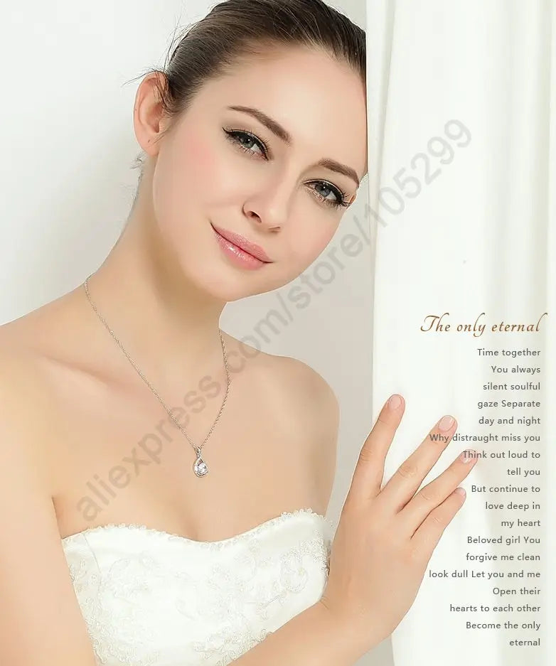 925 Sterling Silver Bridal Jewelry Set Necklace Earrings Women Engagement Romantic Style Water Drop Austrian Crystal