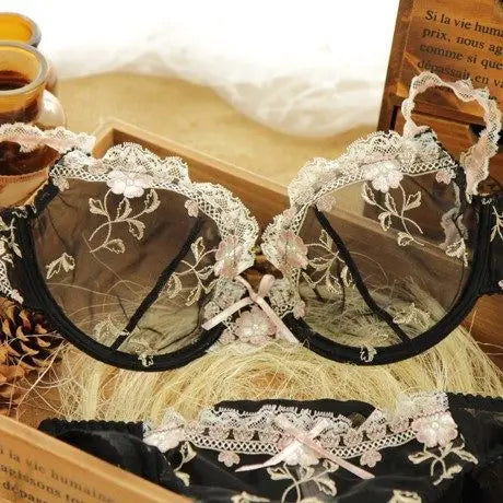 Free Shipping! Exquisite embroidery lotus pink ultra-thin women's sexy transparent lace underwear bra set