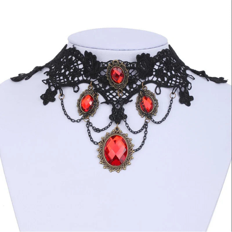 1Pcs Gothic Black Lace Choker Halloween Red Rhinestone Charms Vampire Necklace Cocktail Evening Party Dress Jewelry