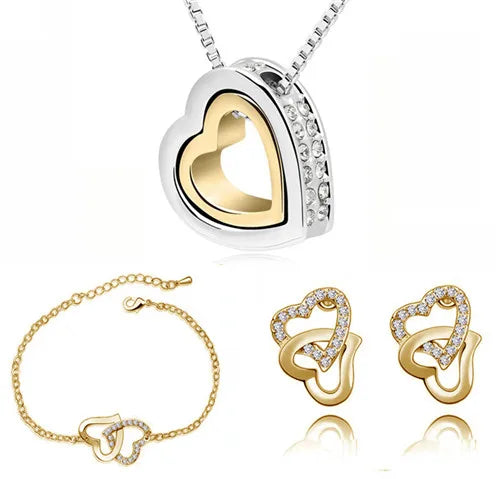 Double Heart pendant necklace earrings bracelets fashion Jewelry sets charm lover quality AAAA+ rhinestones wedding girl summer