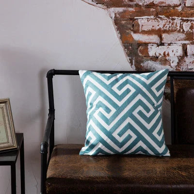 Home Decor Emboridered Cushion Cover Blue Geometric Canvas Cotton Suqare Embroidery Pillow Cover 45x45cm