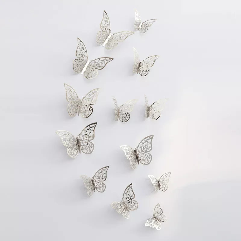 12Pcs/Set Hollow 3D Butterfly Wall Stickers For Wedding Decoration Living Room Window Home Decor Gold Silver Butterflies Decals