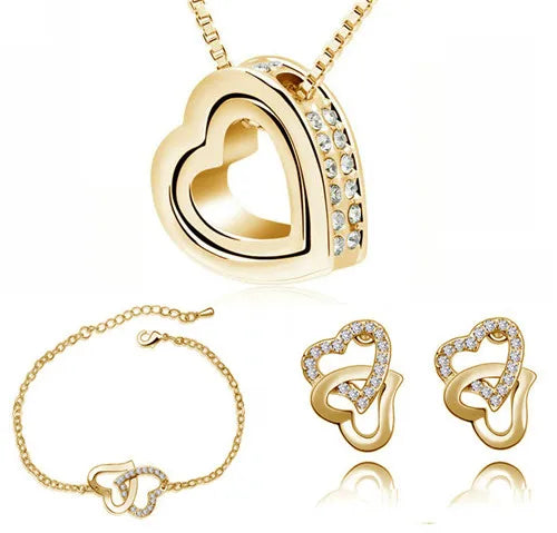 Double Heart pendant necklace earrings bracelets fashion Jewelry sets charm lover quality AAAA+ rhinestones wedding girl summer