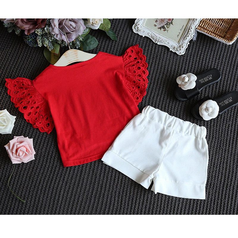 Humor Bear Girls Clothing Set New Summer Flower Hollow sleeve Tops +Shorts Kids Suits