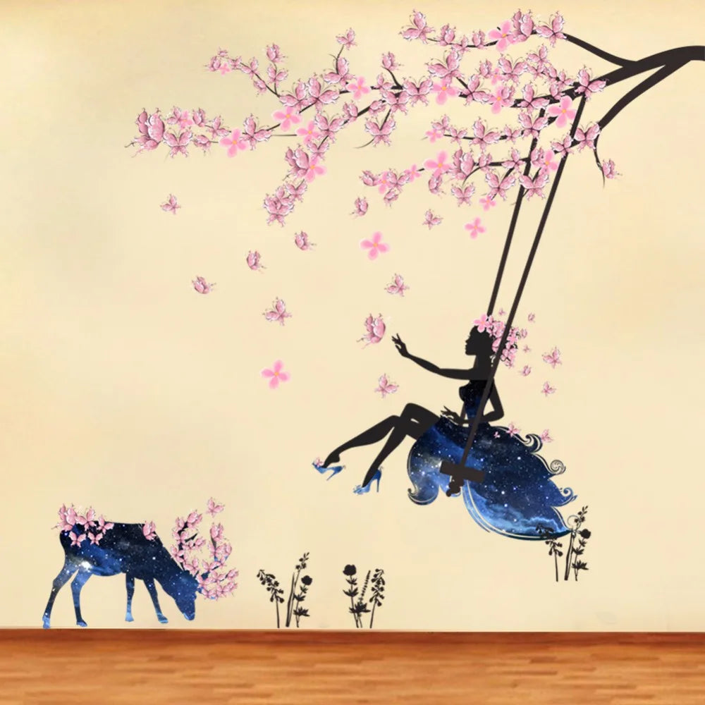 Romantic Flower Fairy Swing Wall Stickers for Kids Room Wall Decor Bedroom Living Room Children Girls Room Decal Poster Mural