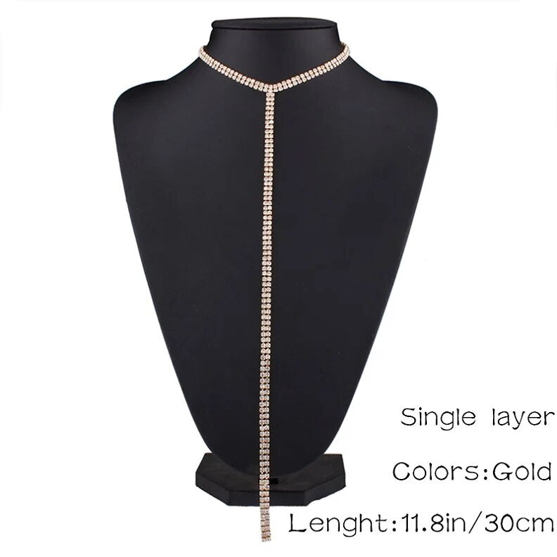 Rhinestone Double Choker Necklaces Lariat Chain Pendant 90s Collier Women Chocker Statement Maxi Collar Wedding Jewellery