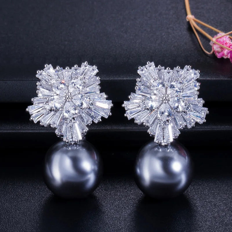 CWWZircons 2022 New Arrival Snow Flower Design Women Big Drop White Pearl Earrings with Cubic Zirconia Christmas Gift  CZ069