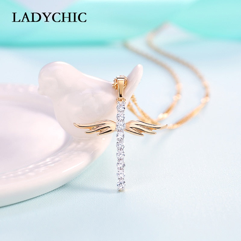 LADYCHIC Angel Wings Cross Pendant Necklace for Girl Women Fashion Style Necklaces Inlaid AAA Crystal Jewelry Wholesale LN1064