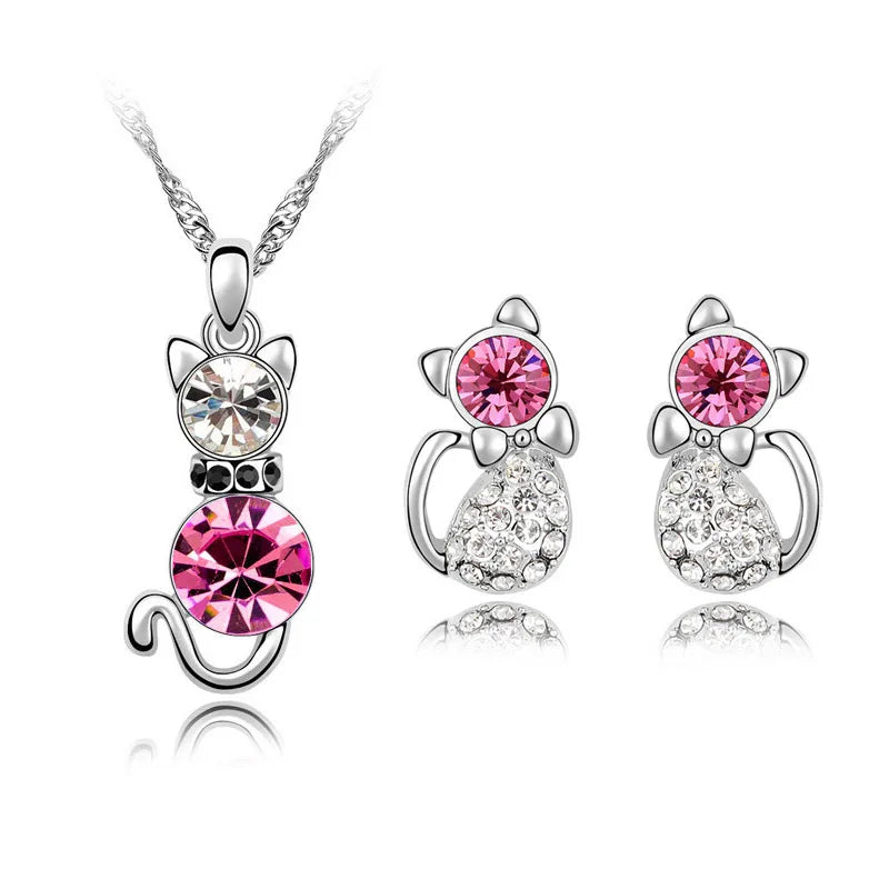 Crystal cute cat catty pendant necklace earrings quality charm lover gift fashion jewelry set birthday summer party dropshipping