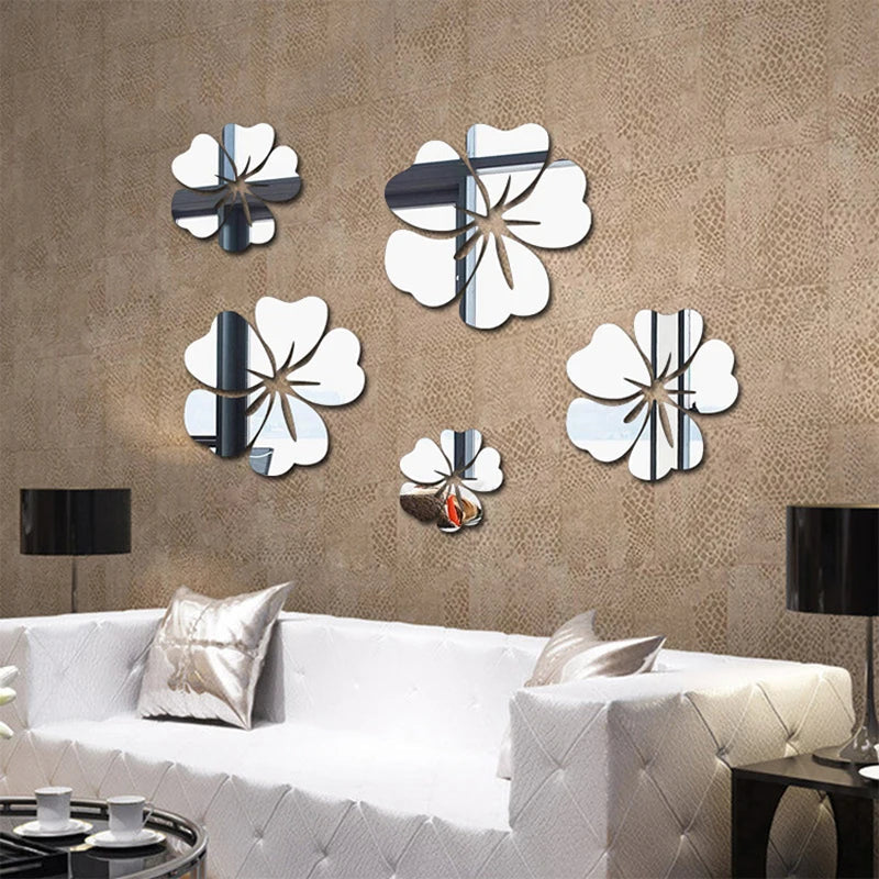 5 pcs Flower Pattern Wall Sticker Home Decor 3D Wall Decal Art DIY Mirror Wall Stickers Living Room Decoration Silver/Gold