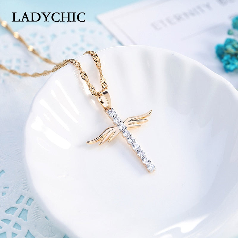 LADYCHIC Angel Wings Cross Pendant Necklace for Girl Women Fashion Style Necklaces Inlaid AAA Crystal Jewelry Wholesale LN1064