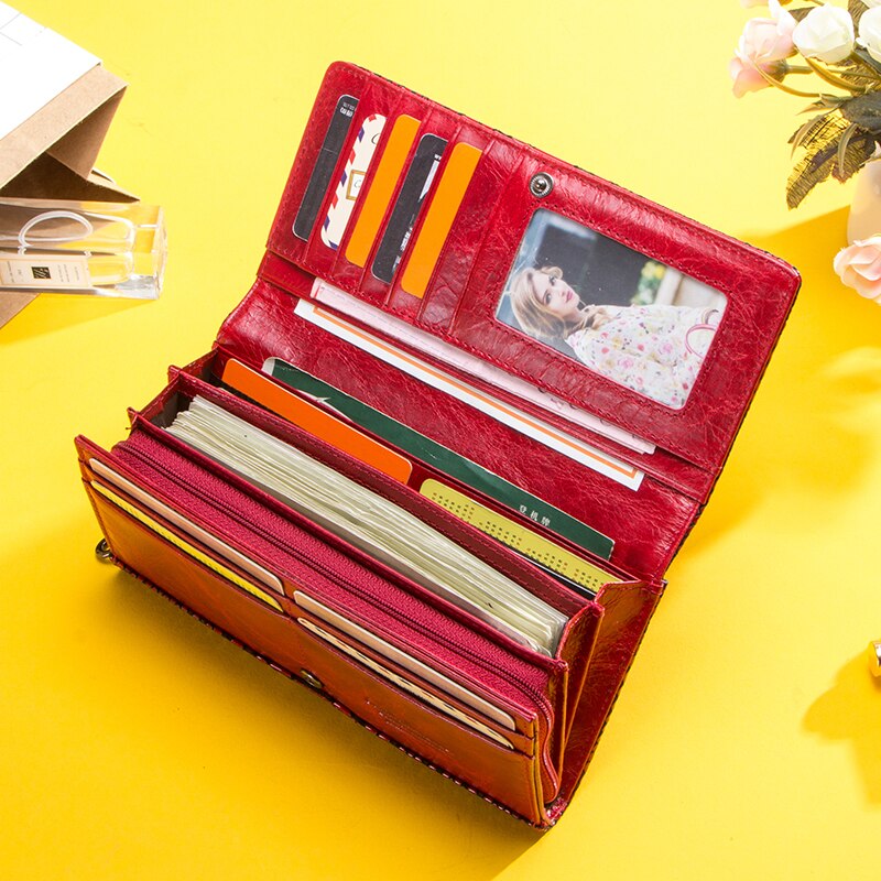 Contact's Genuine Leather Wallet Women Long Clutch Bag Hasp Female Coin Purse RFID Card Holder Wallets for Women Portfel Damski