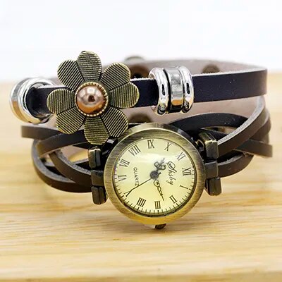 Shsby  New Women Vintage Leather Strap Watches Pearl Sun Flower Bracelet Women Watch Brown Women Wristwatch