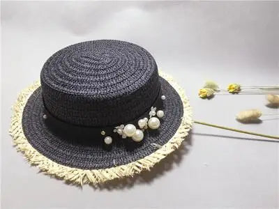 lovely Flat top straw hat Summer Spring women's trip caps leisure pearl beach sun hats black breathable fashion flower girl hat