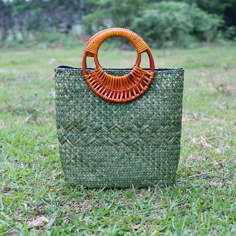 28x24CM The New Thai  Simple Handmade Straw Bag Rattan Cloth Handbag  Cotton And Linen  A4185