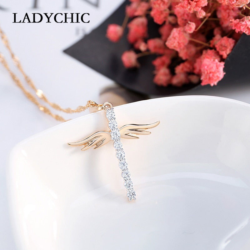 LADYCHIC Angel Wings Cross Pendant Necklace for Girl Women Fashion Style Necklaces Inlaid AAA Crystal Jewelry Wholesale LN1064