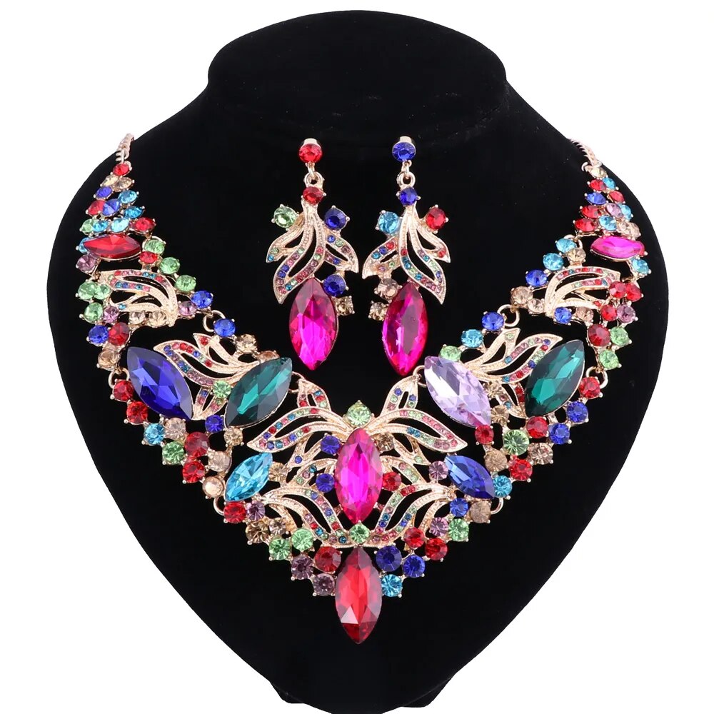 Fashion Rhinestone Crystal Choker Necklace For Women Statement Necklaces Earring Collar Boho Jewelry Sets 5 Colors