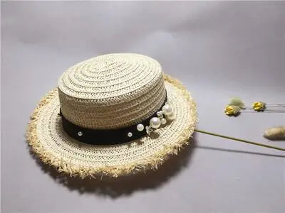 lovely Flat top straw hat Summer Spring women's trip caps leisure pearl beach sun hats black breathable fashion flower girl hat