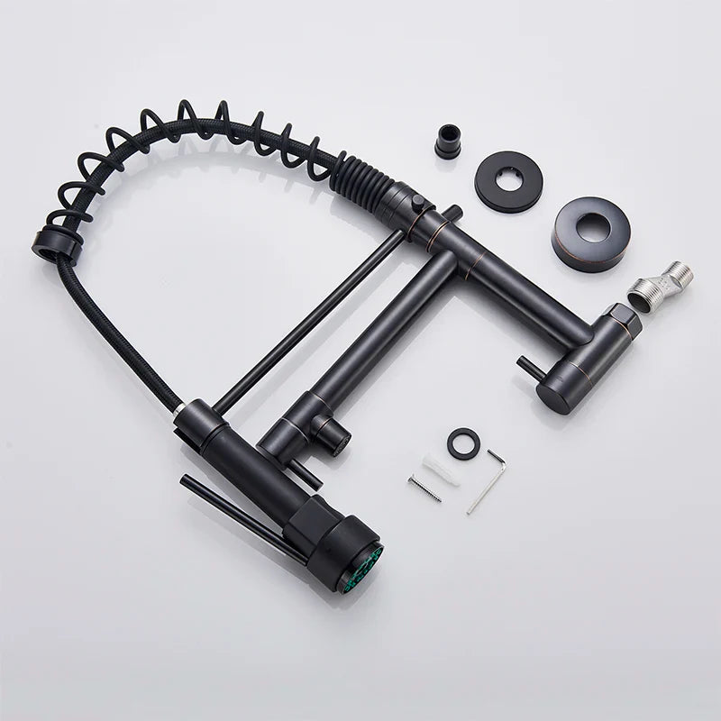 Wall Mounted Spring Kitchen Faucet Chrome Black Pull Down Sink Faucets Single Cold Water Dual Spouts Mixer 360 Rotation Crane