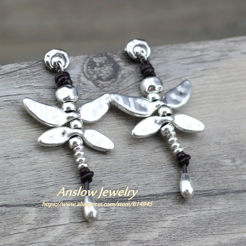 Anslow Fashion Jewelry New Arrivals Items Dragonfly Antique Silver Plated Leather Earring For Woman Mothe's Day Gift  LOW0095E