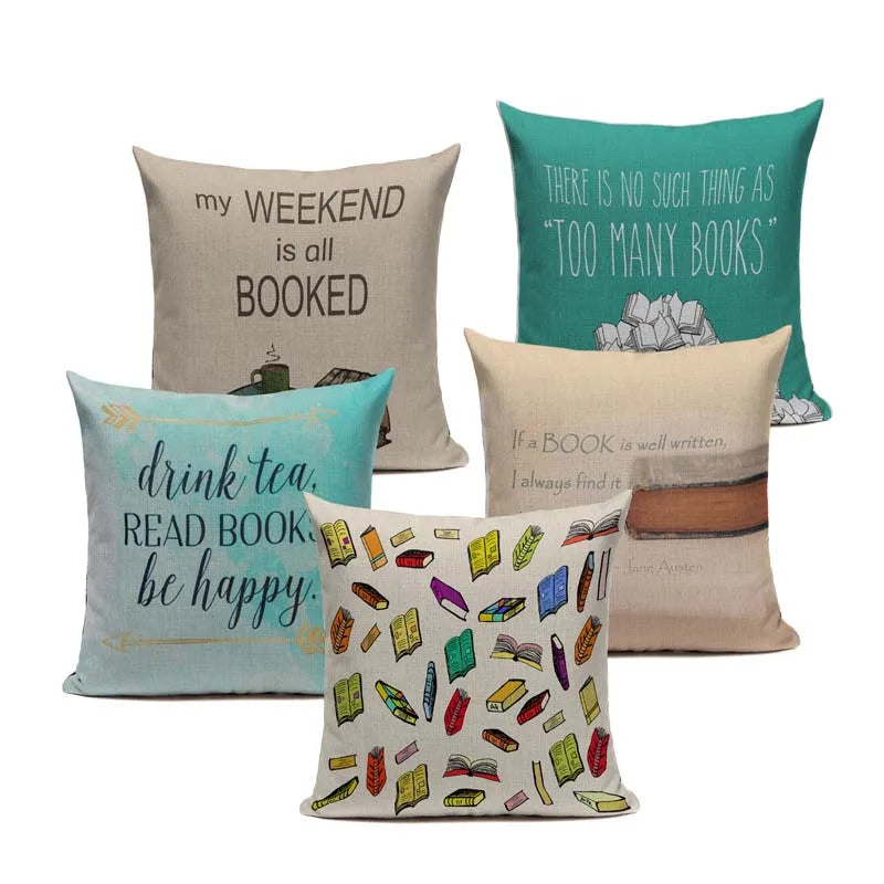 Cat Happy Reading More Book Cushion Cover Customized Linen  Pillowcase Home Sofa Decorative Custom Letter Throw Decor Cojines