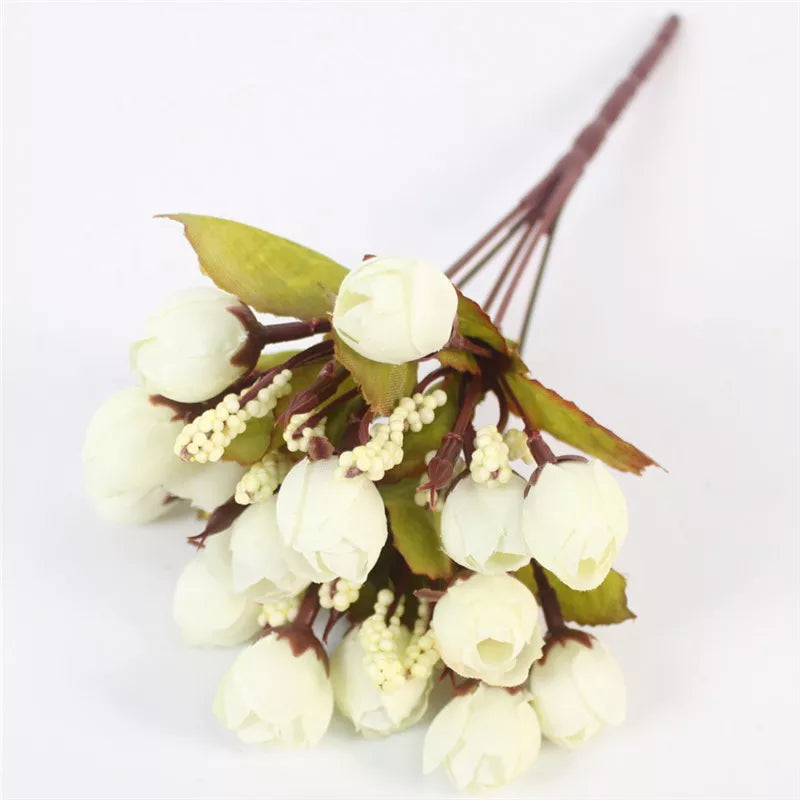 Autumn 15 Heads/Bouquet Small Bud Roses Bract Silk Artificial Flower DIY Wedding Home Christmas Decor Floral Gifts Photo Props