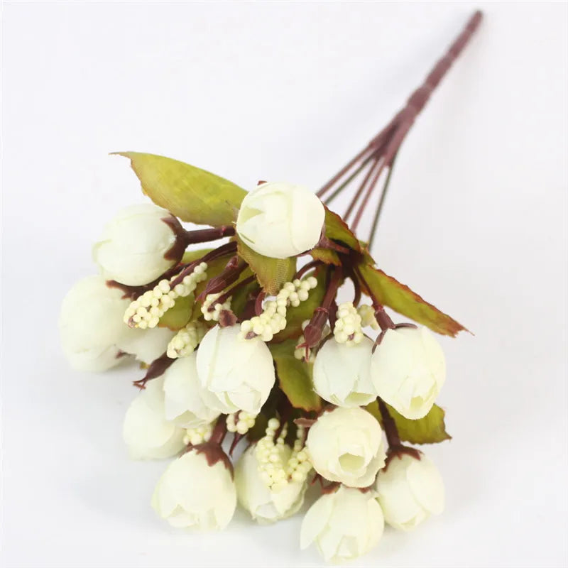 Autumn 15 Heads/Bouquet Small Bud Roses Bract Silk Artificial Flower DIY Wedding Home Christmas Decor Floral Gifts Photo Props