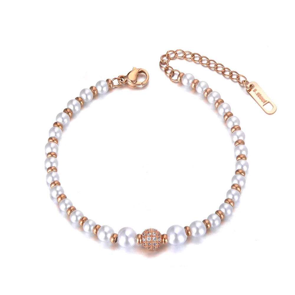 Lokaer Stainless Steel Simulated Pearl Charm Bracelets For Women Girls Bohemia CZ Crystal Chain & Link Bracelet Jewelry B19079