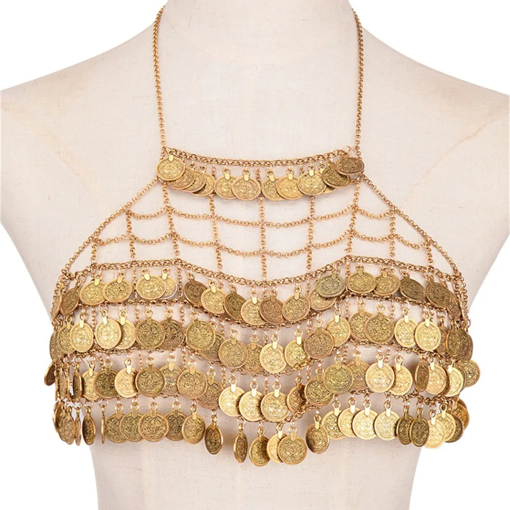 Full Coins Tassel Chest Chain For Summer Beach Party Bohemian Gypsy Afghan Ethnic Slave Harness Underwear Bra Sexy Body Jewelry