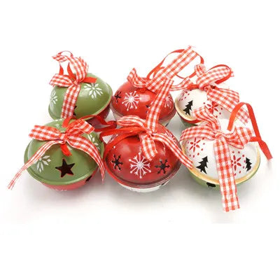 Christmas Decoration For Home 6Pcs Red Green White Iron Jingle Bell Ribbon Merry Christmas Tree Pendant Decor 50mm Xmas New Year