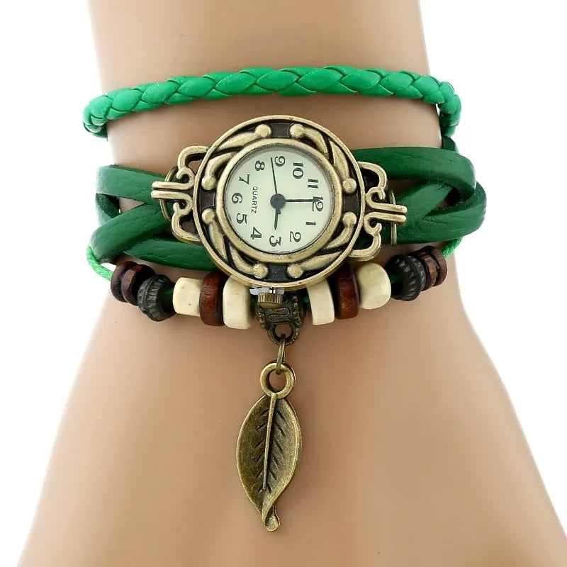 Gnova Platinum TOP Genuine Leather Bracelet Watch Women LEAF Vintage wristwatch Korean Fashion student school