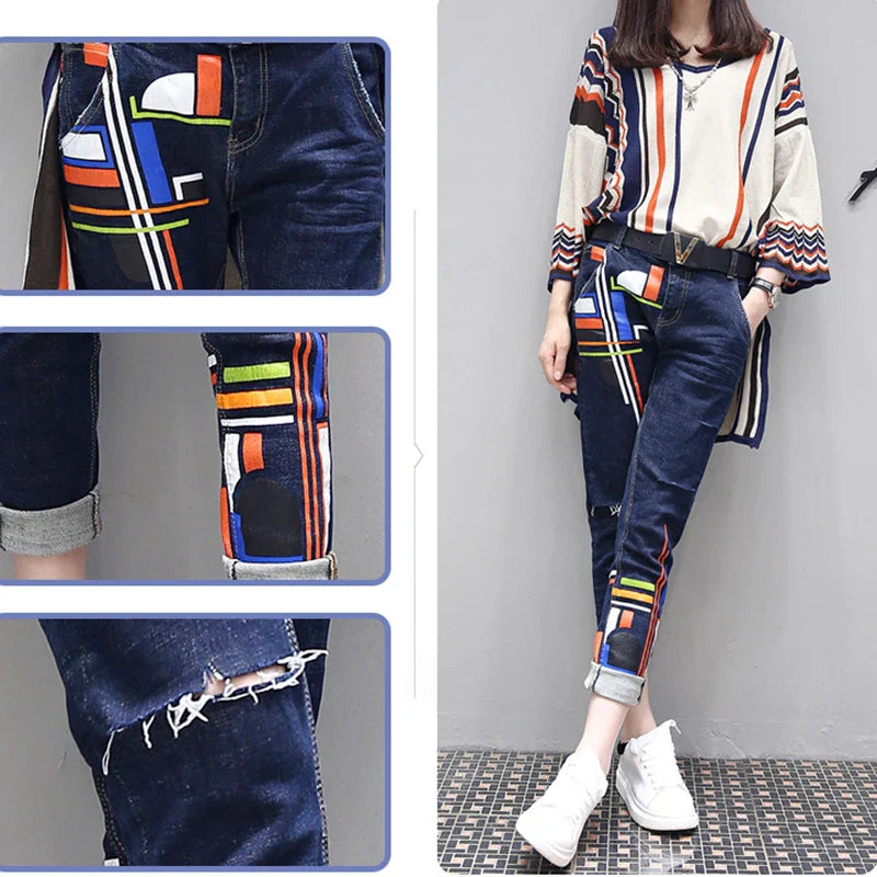 S-6XL Women's Spring Large Size Two-piece 2023 New Fashion Loose High Waist Printing Set Female High-end Shirt + Jeans Two-piece